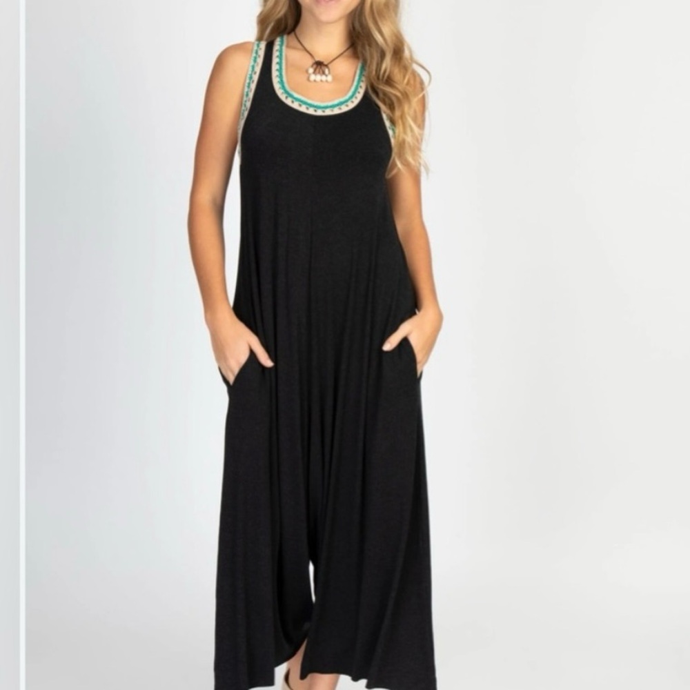 Black Sleeveless Jumpsuit with Green Trim